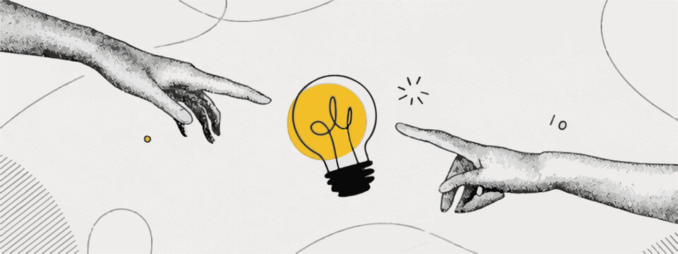 Two hands reaching for a glowing lightbulb with abstract shapes