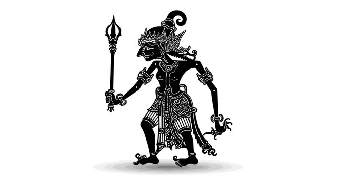 Traditional Javanese Wayang Kulit Shadow Puppet Holding Spear, Black Silhouette