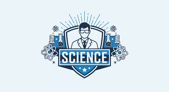 Science themed emblem with a scientist and laboratory equipment.