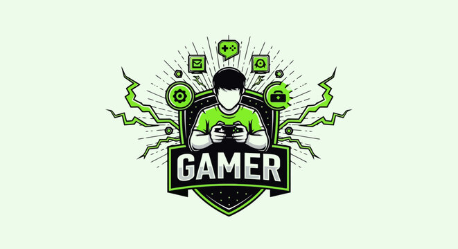 Vibrant green gamer logo with controller and gaming icons.