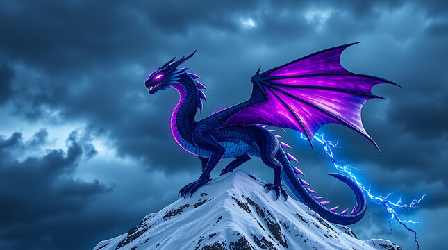 World war majestic dark dragon with glowing purple wings perched on a snowy mountain peak during a storm