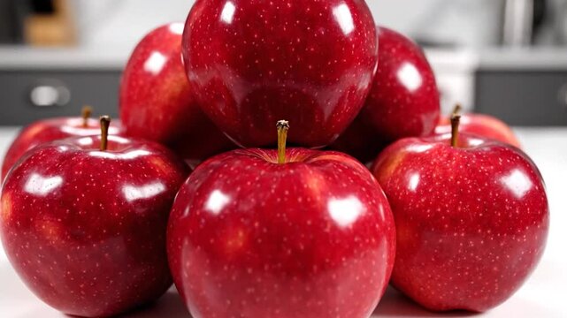 Pile of Polished Red Apples on a Countertop