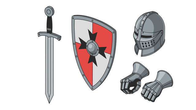 An illustration of medieval knight's equipment including a sword, shield, helmet, and gauntlets on a white background.