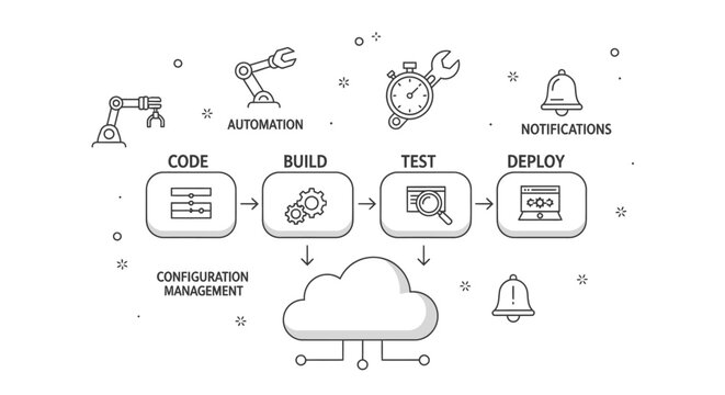 A line drawing illustration of a cloud computing concept with icons for code, build, test and deploy on a white background with a technical and informative mood.