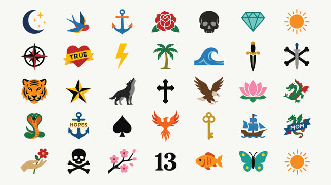 A collection of various tattoo icons and symbols.