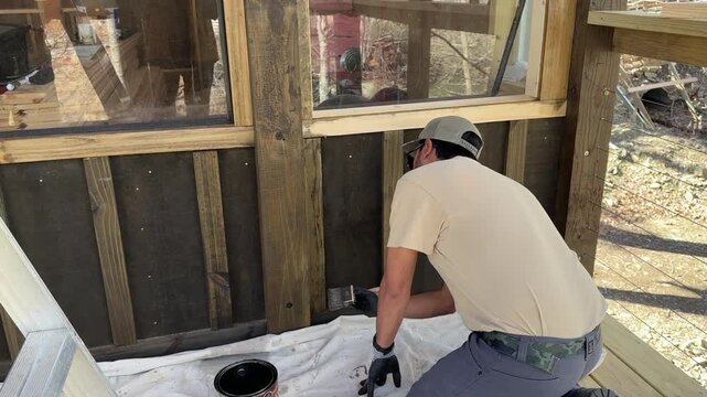 Man staining wood around exterior windows
