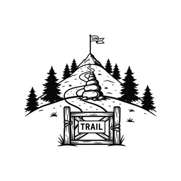 Vintage black and white illustration of a mountain trail with a wooden gate and summit flag in a pine forest landscape