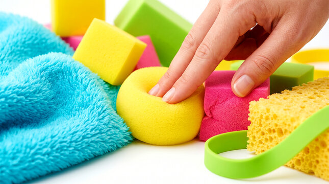 Ultra vibrant high-key studio photo featuring colorful tactile materials including soft fluffy fabric