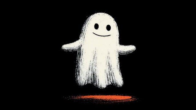 Friendly smiling ghost cartoon character floating and waving on a dark background