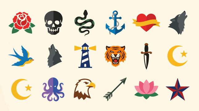 Collection of various tattoo icons and symbols.