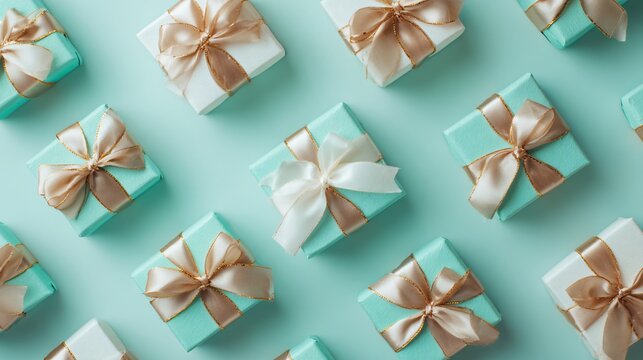 Flat lay of wedding favors tied with ribbon arranged diagonally on pastel mint background