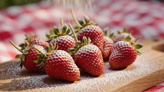 Juicy Red Strawberries with Sugar Sprinkled on Wooden Board