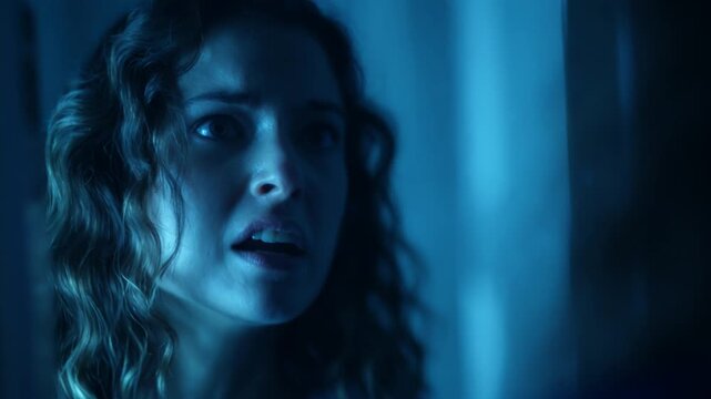 Petrified woman screaming in a dark room illuminated by a cold blue light, expressing pure horror