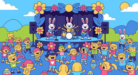 Colorful cartoon characters at music festival. © pyoo