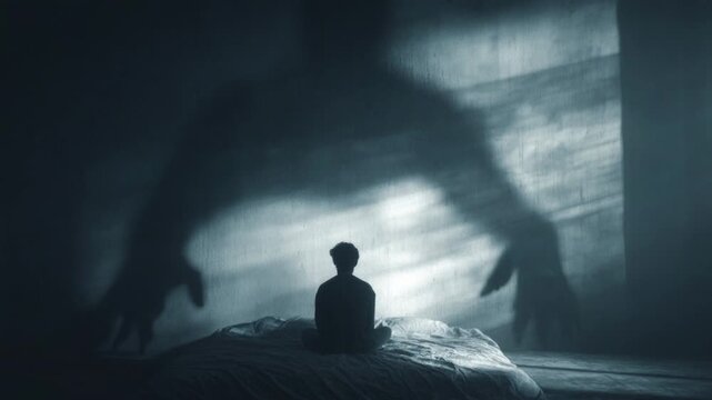 Silhouette of a person sitting on a bed while a monster's shadow with claws appears on the wall