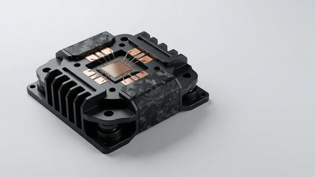 Black electronic hardware with copper wires on light background with copy space