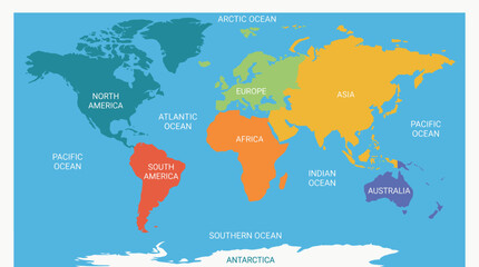 Colorful illustration of world continents map. © Abhinaya Project