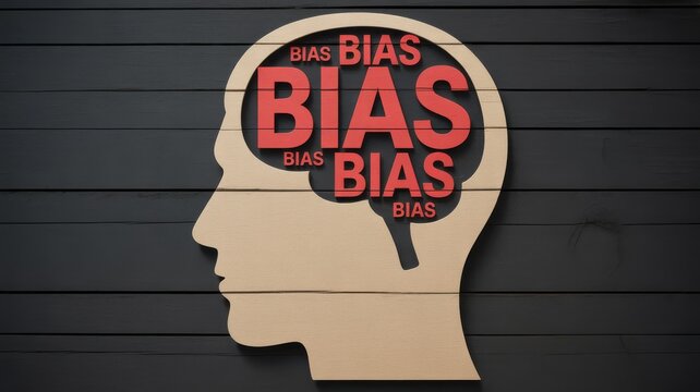 Conceptual illustration of cognitive bias with text inside a human head profile