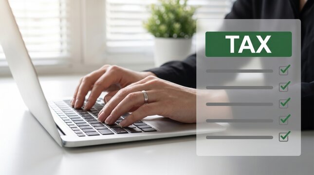 Person typing on laptop with tax checklist on screen overlay indoors