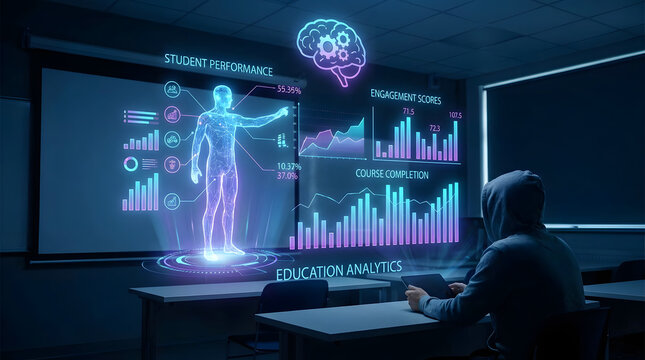 Futuristic Classroom Experience AI-Powered Education Analytics Monitoring Student Performance and Engagement in a Digital Learning Environment