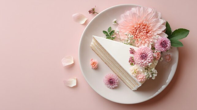 Wedding cake slice with cream and floral decoration placed on pastel pink background, clean minimal composition