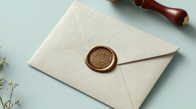Wedding invitation with wax seal placed on pastel mint background, minimal props, strong copy space