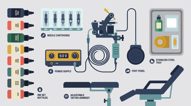 Tattoo machine components and accessories diagram.