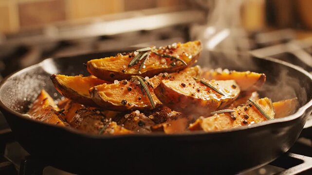 Steaming Sweet Potatoes With Herbs in Cast Iron Skillet