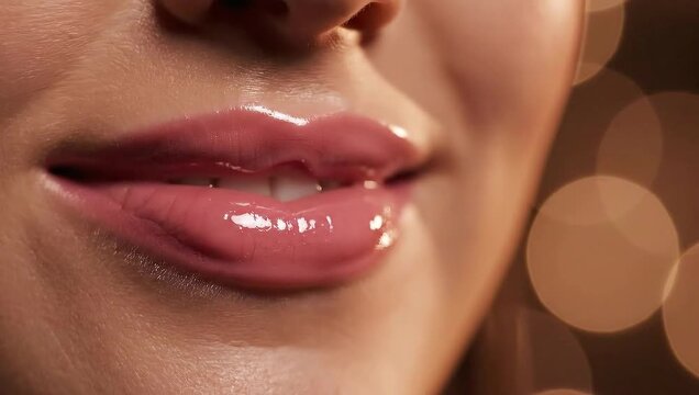 Close up of a womans glossy pink lips with a slight smile.