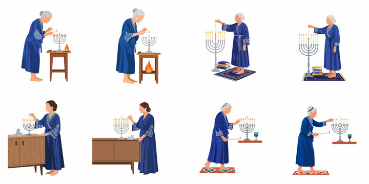 Collection of flat vector illustrations of Jewish women lighting the menorah candles during Hanukkah festival in various domestic settings.