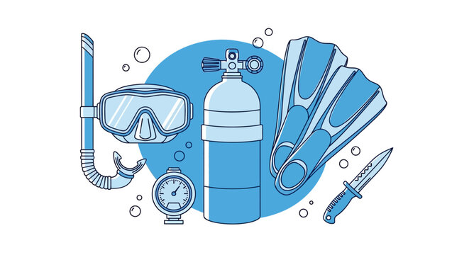 Scuba diving equipment, snorkeling gear, diving tools, blue icons
