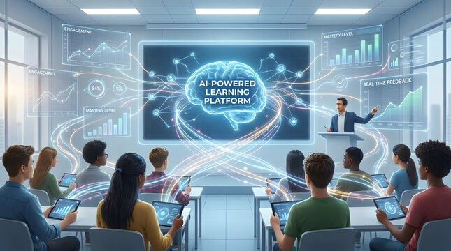 Students Immersed in an AI-Powered Learning Platform, Embracing Future Education Technology in a Modern Digital Classroom Environment for Enhanced Learning Experiences