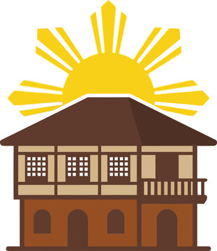 Traditional Filipino Bahay Kubo house with bright sun, symbolizing heritage and independence.