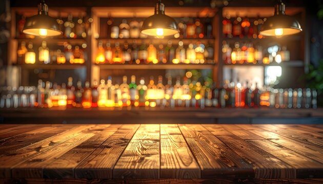 A warmly lit bar interior showcases a wooden countertop and a blurred background filled with an extensive collection of liquor bottles displayed on shelves.