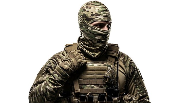 Soldier in Camouflage Balaclava and Tactical Gear Isolated on White