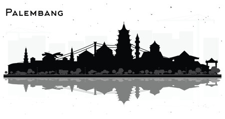 Fototapeta premium Palembang Indonesia City Skyline Silhouette with Black Buildings and reflections Isolated on White. Business Travel and Tourism Concept with Historic Architecture. Palembang Cityscape with Landmarks.