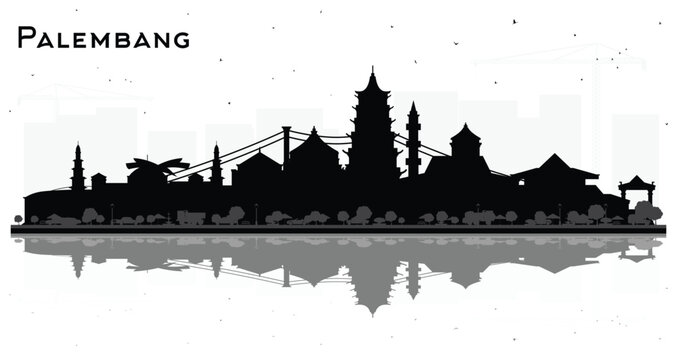 Palembang Indonesia City Skyline Silhouette with Black Buildings and reflections Isolated on White. Business Travel and Tourism Concept with Historic Architecture. Palembang Cityscape with Landmarks.