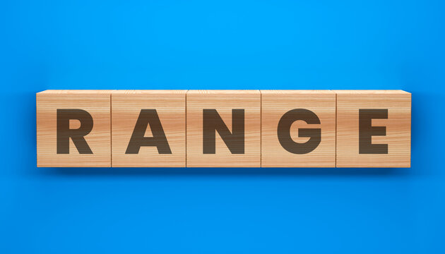 Range spelled on wooden blocks against blue background. A simple visual of the word range composed using wooden blocks against a stark blue backdrop.