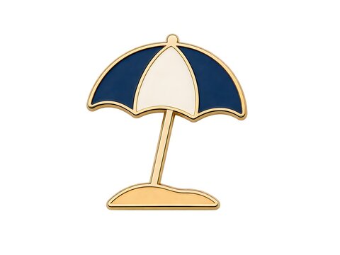 Stylish enamel pin depicting a classic beach umbrella with blue and cream panels, perfect for accessorizing clothing or bags with a summer vibe