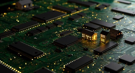 Obraz premium World war miniature houses with glowing windows on a complex green computer circuit board