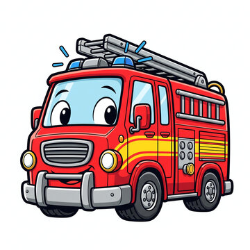 Cute cartoon fire truck character with ladder and smiling face on white background

