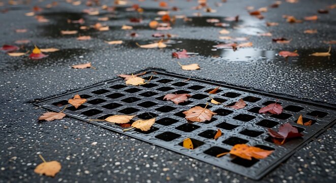 Water Drainage Grate with Fallen Autumn Leaves on Wet Street