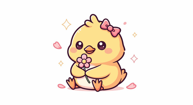 Cute Yellow Baby Chick Holding Flower Bouquet.
