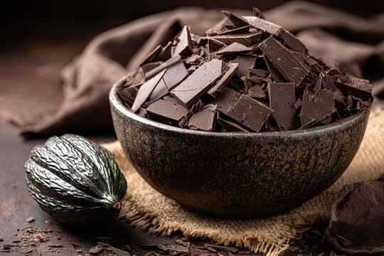 Rich dark chocolate shards in a rustic bowl with a cocoa bean, ideal for confectionery and dessert creations.