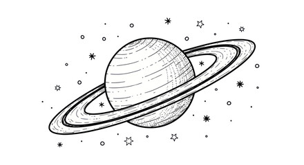 Hand-drawn Saturn planet with rings and stars in space, isolated on white background. © Roni