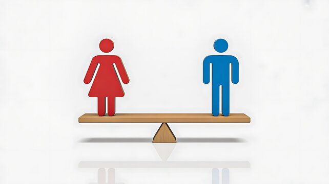 Gender equality concept with male and female icons balanced on scale representing equal rights and fairness