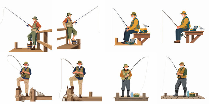 Collection of flat vector illustrations featuring an elderly fisherman with gear, standing and sitting on a wooden pier, isolated on white background.