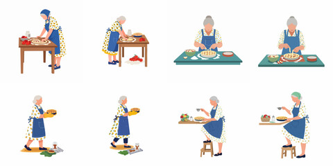Fototapeta premium Collection of flat vector illustrations showing a grandmother baking a homemade apple pie in her kitchen.