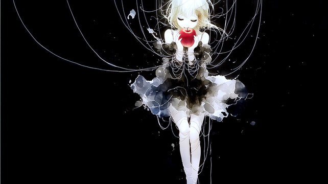 見えない束縛。女の子。水彩画。イラスト。アニメ風。