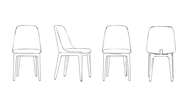 Plastic chair design in different views: front side back angled with furniture interior architecture template blueprint illustration household